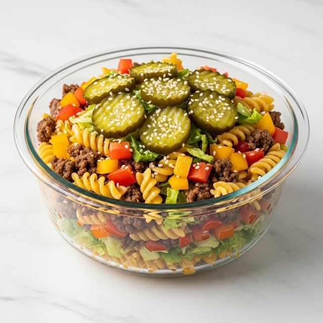 A clear glass bowl filled with a layered pasta salad placed on a white marbled surface. The base layer is twisted rotini pasta in a light yellow-orange color, mixed with small pieces of cooked ground beef in brown. Scattered within are chopped green lettuce leaves, diced bright orange and yellow bell peppers, and small red tomato chunks. On top, round slices of dark green pickles are placed, sprinkled with white sesame seeds. The textures show a mix of soft pasta, crunchy vegetables, and juicy beef. Photo taken with an iphone --ar 4:5 --v 7