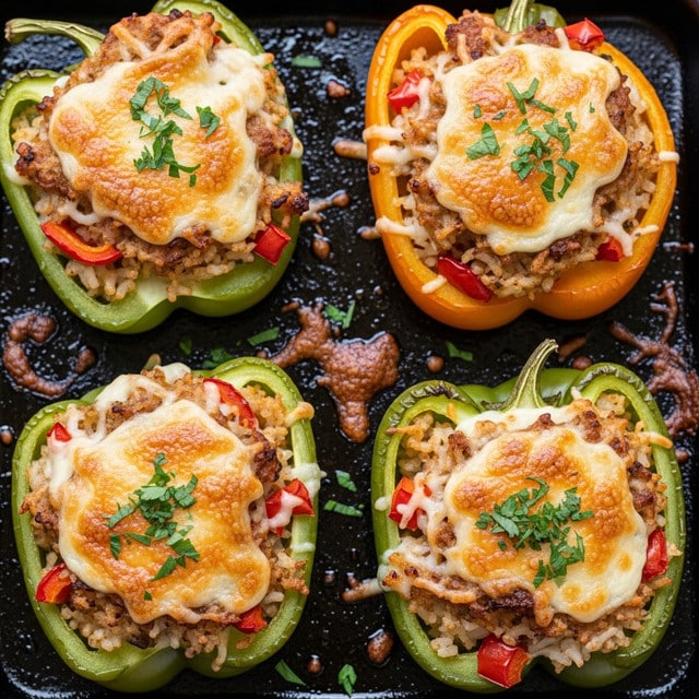 Four stuffed bell peppers sit closely together in a dark baking tray on a white marbled surface. Each pepper is cut in half lengthwise, hollowed out, and filled with a grain mixture topped with melted cheese that is golden brown and bubbly with dark spots from baking. Some of the peppers are green, while others are yellow. The filling shows small pieces of red tomato mixed in the grain. Fresh green herbs sprinkle the tops, adding a touch of color contrast. The close-up shot highlights textures from the smooth pepper skins, fluffy grain interior, and crispy cheese crust, with a blurred background featuring whole red tomatoes. Photo taken with an iphone --ar 4:5 --v 7