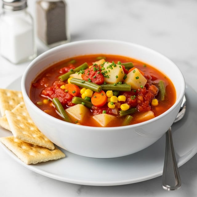 A white pot filled with a thick vegetable soup sits on a white marbled surface. The soup has many layers of small chopped vegetables, including green beans, corn, peas, carrots, potatoes, and tomatoes, all mixed in a reddish-orange broth. The surface looks slightly shiny with small bits of herbs visible. Nearby on the white marbled surface, there is a white plate holding several square saltine crackers. A large silver ladle rests close to the pot alongside a small stack of spoons on a white dish, and some fresh parsley lies in one corner. Two folded kitchen towels, white and dark blue, sit beside the pot. Photo taken with an iphone --ar 4:5 --v 7