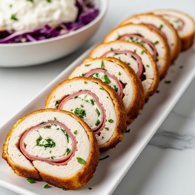 The image shows several pieces of rolled chicken, sliced into thick rounds, arranged neatly in two rows on a long white plate. Each piece has a golden-brown, crispy outside layer with a slightly rough texture, revealing an inside spiral of light pink ham and creamy, melted white cheese mixed with green herbs. The chicken looks juicy and tender, with bits of finely chopped green herbs sprinkled on top. The plate is placed on a white marbled surface, and the background features a blurry bowl of light-colored cream and purple cabbage salad. photo taken with an iphone --ar 4:5 --v 7