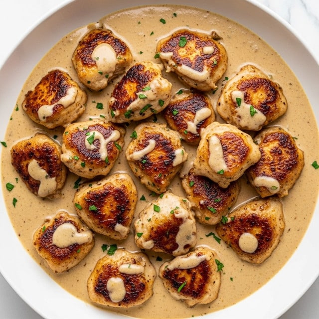 The dish shows about twelve golden brown pieces of chicken mixed in a thick creamy beige sauce with visible green herb bits sprinkled on top and throughout. The tender chicken pieces have a crispy, lightly charred outside, and they are evenly coated with the glossy sauce. The chicken and sauce fill a deep white bowl and the background is a white marbled texture. photo taken with an iphone --ar 4:5 --v 7