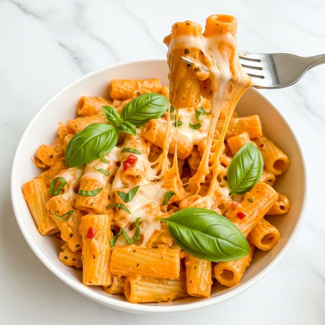This image shows a white bowl filled with rigatoni pasta covered in a creamy orange-colored sauce with visible specks of red and green herbs. The rigatoni pieces are short, tube-shaped, and coated thickly with the sauce. Fresh green basil leaves are scattered on top, adding bright green color and texture. A metal fork holds up one piece of rigatoni with melted cheese stretching from the bowl to the fork, showing a gooey and rich texture. The background is a white marbled surface, giving a clean and elegant look. Photo taken with an iphone --ar 4:5 --v 7