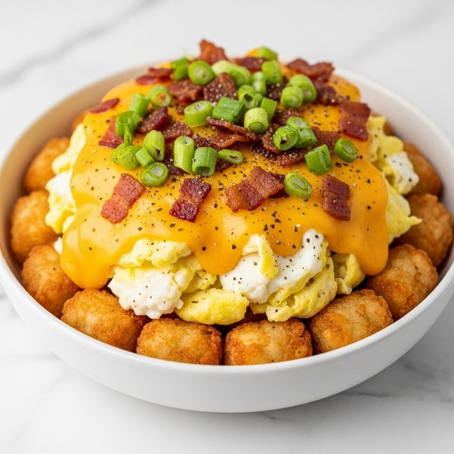 A white bowl filled with a circle of golden-brown crispy tater tots at the bottom, topped with a layer of soft scrambled eggs with some white and pale yellow parts showing. Above that is a layer of bright yellow melted cheese sauce dripping slightly, covered with small pieces of crispy reddish-brown bacon and bright green chopped scallions, all sprinkled with black pepper. The bowl is placed on a white marbled surface. photo taken with an iphone --ar 4:5 --v 7