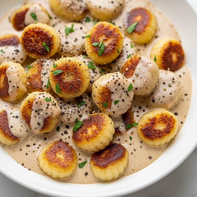 The image shows a close-up of browned gnocchi pieces in a creamy beige sauce with specks of black pepper and chopped green herbs scattered on top. The gnocchi has a golden crust on some parts and a soft texture under the sauce. The dish sits in a white bowl, with the sauce coating each piece smoothly. The surface under the bowl has a white marbled texture. photo taken with an iphone --ar 4:5 --v 7