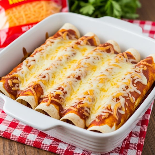 The image shows a white rectangular baking dish filled with five rolled tortillas, all covered in melted cheese and red enchilada sauce. Each rolled tortilla is neatly placed side by side, with the tortillas white and soft in color, heavily coated on top with a mix of melted yellow and white cheese that looks gooey and stretchy. The red sauce peeks through between and around the tortillas, adding a bright and rich contrast. The dish rests on a white marbled surface, and a spatula is visible next to the baking dish. Photo taken with an iphone --ar 4:5 --v 7