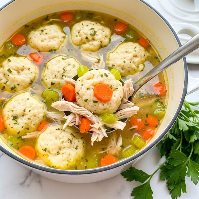 A close-up view of a white enameled pot filled with homemade chicken and dumpling soup. The soup has a light yellow broth with small specks of herbs and visible pieces of shredded chicken, diced orange carrots, and celery. The dumplings are cream-colored, soft, and round, floating on the surface in several layers. A metal ladle is scooping up one dumpling along with some shredded chicken and vegetables, showing a mix of textures—fluffy dumpling, tender chicken, and chunked veggies. Fresh green parsley and herbs lie beside the pot on a white marbled surface. Photo taken with an iphone --ar 4:5 --v 7