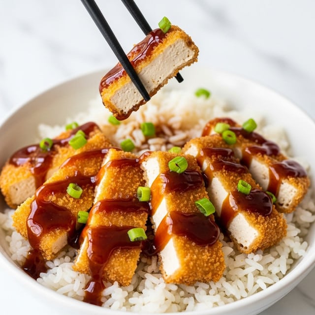 A close-up of a bowl showing a base layer of white steamed rice with a soft, fluffy texture. On top are five golden brown, crispy fried tofu slices arranged in a fan shape, each piece coated in crunchy breadcrumbs. The tofu is drizzled with a thick, shiny dark brown sauce that glistens under light. Small chopped green onions are sprinkled over the tofu, adding a fresh green contrast. Black chopsticks are holding a tofu slice from above. The bowl is white, and the background is a white marbled texture. photo taken with an iphone --ar 4:5 --v 7