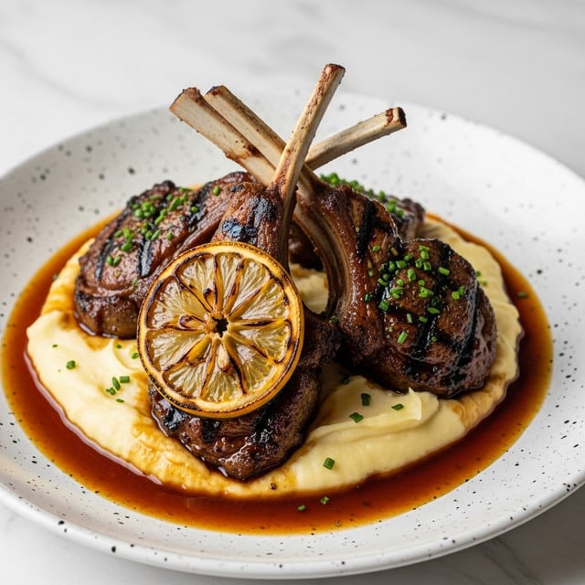 The image shows a dish with three grilled lamb chops placed on a bed of creamy mashed potatoes on a white speckled plate. The lamb chops have a rich brown, caramelized crust with juicy, moist texture, and the exposed bones stand upright. On top of the front chop is a slice of grilled lemon with a charred surface, while fresh green herbs are scattered over the meat and mashed potatoes. Surrounding the base of the mash and chops is a glossy dark brown sauce that pools at the edges of the plate. The background is a white marbled surface. photo taken with an iphone --ar 4:5 --v 7