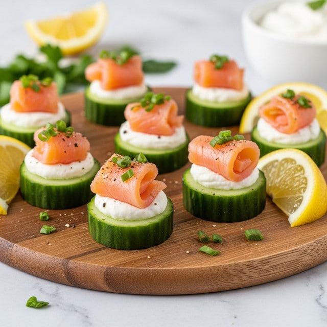 The image shows small round cucumber slices as the base layer, each topped with a smooth white creamy spread as the second layer. On top of this, there is a thin folded slice of light pink smoked salmon as the third layer. Small green chopped herbs and black pepper are sprinkled over the salmon for garnish. These cucumber bites are placed on a round wooden board, with lemon wedges and green herbs scattered beside them on a white marbled surface. There is also a white bowl with a creamy dip slightly blurred in the background. photo taken with an iphone --ar 4:5 --v 7