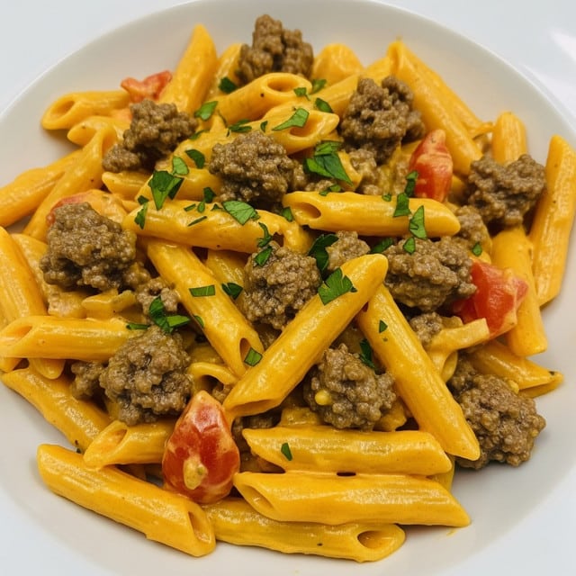 The dish is a creamy pasta served in a white bowl, showing a rich mix of penne pasta coated in a smooth, orange-yellow cheese sauce. Scattered evenly throughout the pasta are small, browned ground beef pieces with a slightly crumbly texture, and small bits of red tomato add pops of color. Fresh green parsley flakes are sprinkled gently on top, adding contrast to the creamy sauce. The pasta looks soft and glossy, with the sauce thickly clinging to each piece, creating a hearty and comforting look. Photo taken with an iphone --ar 4:5 --v 7