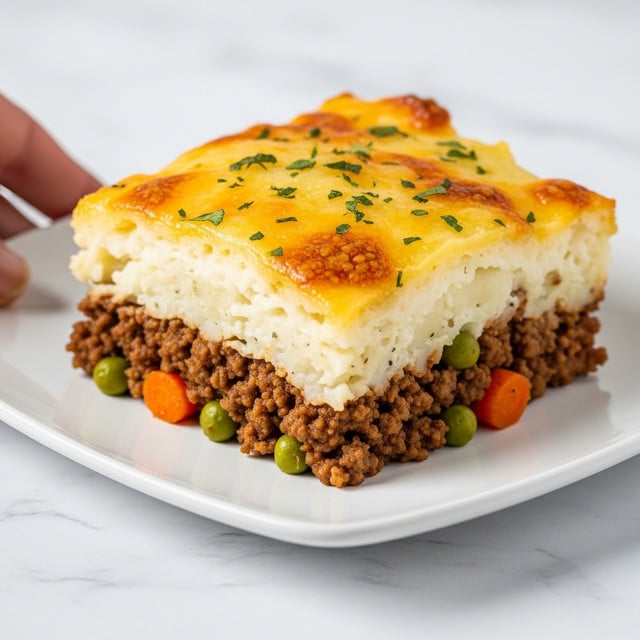 The image shows a close-up of a square slice of shepherd's pie on a white plate, placed on a white marbled surface. The dish has three layers: the bottom layer is dark brown cooked ground meat mixed with green peas and small orange carrot pieces, the middle layer is creamy white mashed potatoes, and the top layer is golden brown melted cheese with some crispy edges and sprinkled with small green herbs. A woman's hand is holding the edge of the plate from the top left corner. photo taken with an iphone --ar 4:5 --v 7