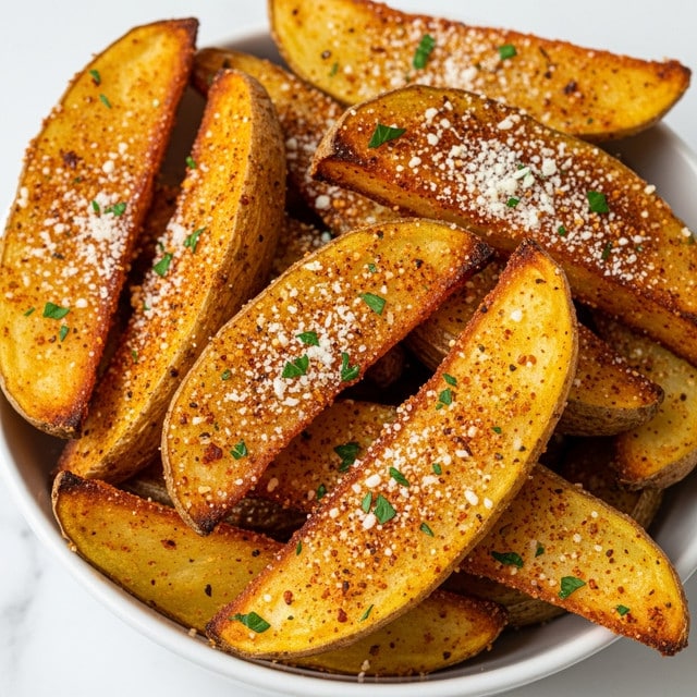 The image shows a close-up of crispy potato wedges arranged in a white bowl on a white marbled surface. The wedges have a golden-brown texture with a crunchy, spiced coating of red and brown seasoning, sprinkled with small bits of green herbs and white grated cheese on top. The layers of the potato wedges reveal soft yellow insides contrasting with the crispy outer skin. The wedges are piled unevenly, creating a rich, textured look with some wedges leaning on others, highlighting the seasoning's granular texture. Photo taken with an iphone --ar 4:5 --v 7