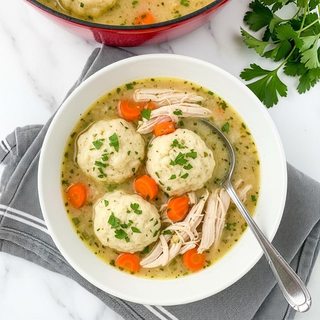 A white bowl filled with creamy chicken and dumpling soup sits on a white marbled surface with a silver spoon inside. The soup has a light beige broth with visible herbs. Inside the soup, there are three large, soft, white dumplings sprinkled with green herbs, tender shredded chicken pieces in pale pinkish-white, and chunky orange carrot pieces scattered throughout. The edge of a red pot containing more soup is seen at the top of the image, with some fresh green herbs placed beside it on the white marbled surface. A gray and white striped cloth is partially visible under the bowl. photo taken with an iphone --ar 4:5 --v 7