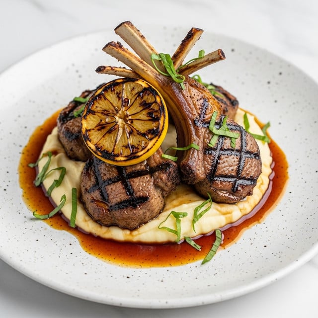 The image shows a dish with three grilled lamb chops placed on top of a creamy, pale yellow mashed potato base. The lamb chops are dark brown with a shiny glaze and sprinkled with chopped green herbs. One lamb chop is topped with a round slice of charred lemon, adding a bright yellow and brown color contrast. The lamb bones are white with some grilled marks, standing upright from the meat. The dish is finished with a rich brown sauce surrounding the mashed potatoes on a white plate with little black speckles, all set on a white marbled textured surface. photo taken with an iphone --ar 4:5 --v 7