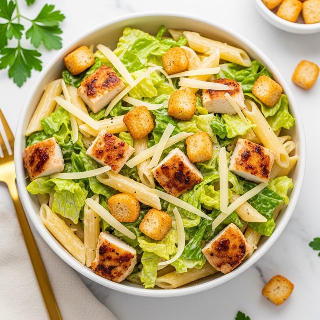 A close-up view of a creamy pasta salad in a white bowl on a white marbled surface, showing thick pieces of grilled chicken with a golden brown crust mixed with pale yellow penne pasta. Bright green leafy lettuce pieces are spread throughout the bowl, along with golden brown croutons. Thin, light shavings of cheese are sprinkled on top, adding a fine texture layer. The mix looks fresh and creamy with the pasta and chicken coated in a light sauce. Photo taken with an iphone --ar 4:5 --v 7