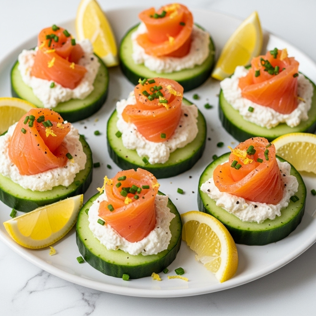 A white plate holds several cucumber rounds, each topped with a thick layer of white cream cheese speckled with black pepper and lemon zest. On top of the cream cheese, a thin, folded slice of orange-pink smoked salmon rests, sprinkled with small pieces of fresh green chives. Around the plate are lemon wedges adding a pale yellow color contrast. The plate sits on a white marbled surface. photo taken with an iphone --ar 4:5 --v 7