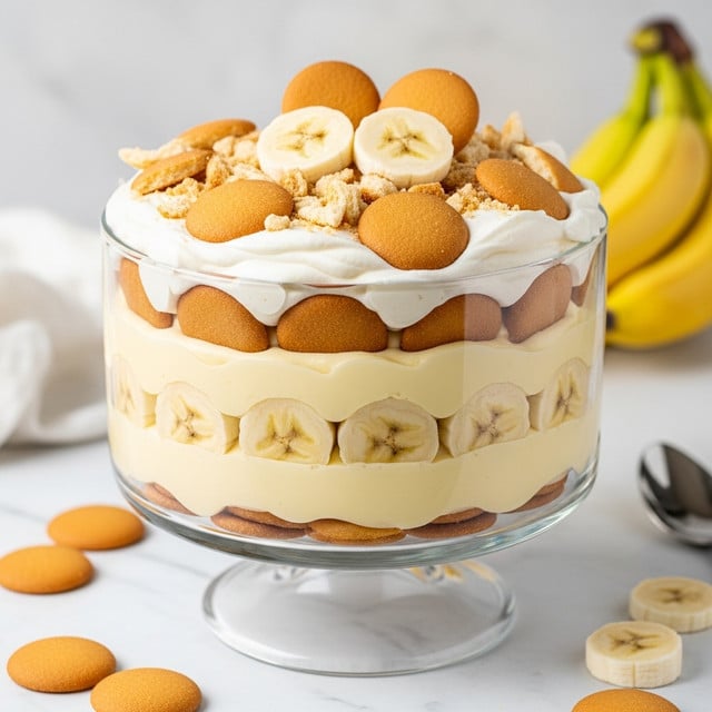 A tall clear glass bowl holds a layered banana pudding dessert with three visible layers: the bottom layer is smooth, light yellow pudding, topped by a thick cream layer loaded with round banana slices pressed against the glass, followed by layers of vanilla wafer cookies. The dessert is topped with a fluffy white whipped cream layer sprinkled with crushed vanilla wafers and banana chips, and three whole vanilla wafers are placed upright on one side. The bowl sits on a white marbled surface with fresh bananas and a few extra vanilla wafers in the background, alongside a woman's hand holding a spoon. Photo taken with an iphone --ar 4:5 --v 7