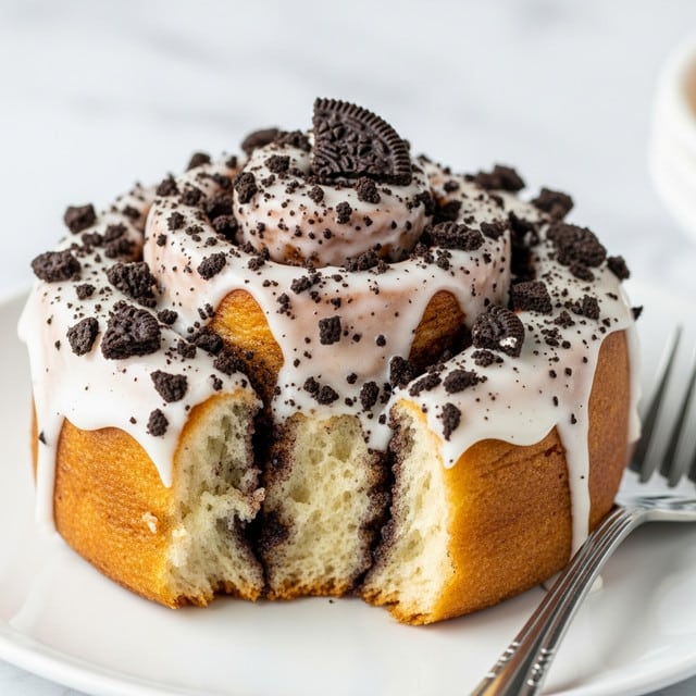 A close-up view of a single cinnamon roll with three visible spiral layers, each showing a golden-brown baked dough texture. The roll is covered in a thick layer of white icing that drips slightly down the sides, sprinkled evenly with dark, crumbly cookie bits on top and throughout the roll’s spiral shape. A bite has been taken out from the front, revealing the soft, airy inside of the dough and the baked cinnamon sugar swirl inside. The cinnamon roll sits on a white plate with a silver fork resting beside it on the plate, and the background shows a white marbled texture. Photo taken with an iphone --ar 4:5 --v 7