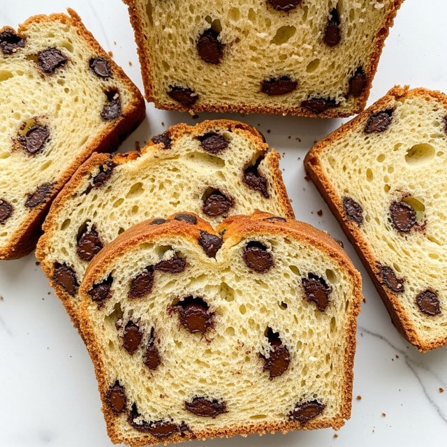 The image shows several slices of chocolate chip bread arranged on a white marbled surface. The bread is cut into thick slices, each slice showing a light golden-brown crust with a soft, creamy interior full of scattered dark chocolate chips. The texture inside looks moist and slightly crumbly, while the chocolate chips are unevenly spread throughout, giving a speckled look with shiny dark spots against the pale yellow crumb. The bread slices overlap slightly, highlighting the soft and dense consistency of the loaf. Photo taken with an iphone --ar 4:5 --v 7