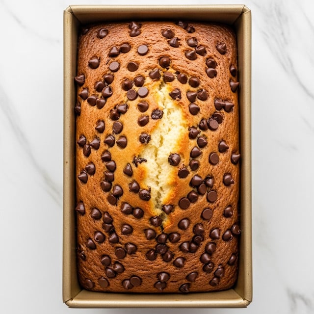 A freshly baked loaf cake sits in a rectangular golden baking pan, resting on a white marbled surface. The cake has a golden-brown crust with a light, fluffy texture, and is studded with scattered dark brown chocolate chips embedded across the top and slightly melting into the cracks of the crust. The edges are slightly darker and crisp, while the center is lighter with a gentle crack running from the top to the side, showing its soft inside. The whole view is from above, showcasing the cake’s even rise and texture. Photo taken with an iphone --ar 4:5 --v 7