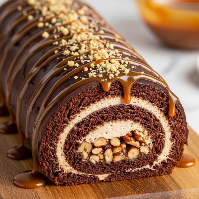 A chocolate roll cake is sliced to show three distinct layers from the outside in: a dark brown chocolate sponge cake layer, a creamy white filling with visible small nut pieces embedded inside, and a thin inner swirl of additional chocolate sponge mixed with nut bits. The roll is covered with thick dark chocolate drizzle topping and a shiny caramel sauce flowing down the sides, pooling slightly at the base. The top is sprinkled with chopped walnuts and a light dusting of powdered sugar. This whole cake sits on a wooden board with a blurred glass container of caramel sauce and spoon in the background, all on a white marbled texture surface. Photo taken with an iphone --ar 4:5 --v 7