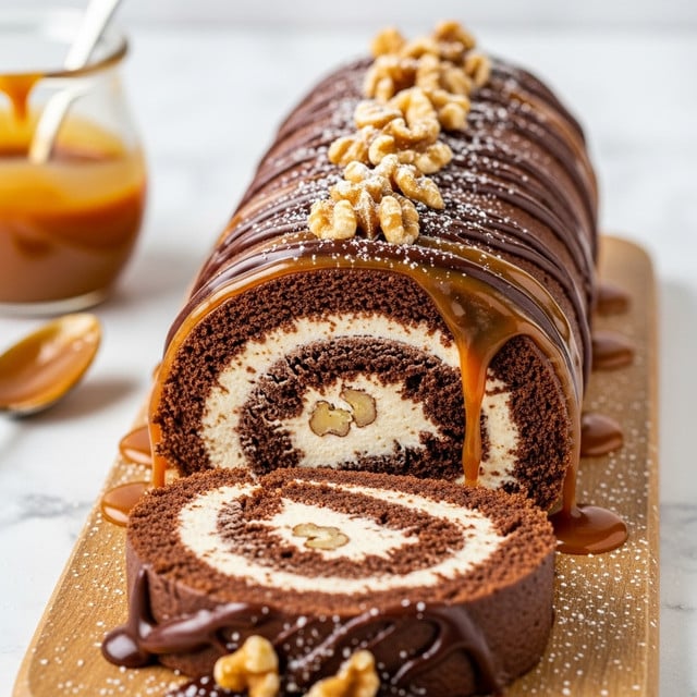 The image shows a close-up of a chocolate roll cake with multiple visible layers. The outermost layer is a glossy dark chocolate coating with a smooth texture, dripping with thick caramel sauce that runs down the sides. Underneath the chocolate layer is a moist, dark brown chocolate sponge cake, rolled tightly to reveal a creamy, light beige filling in the middle. The bottom layer inside the roll contains chopped nuts with a caramel glaze, adding a crunchy texture. The top of the cake is sprinkled with finely chopped nuts, enhancing the visual texture. The cake rests on a wooden board, placed on a white marbled surface, with a blurred background hinting at a bowl of sauce. photo taken with an iphone --ar 4:5 --v 7