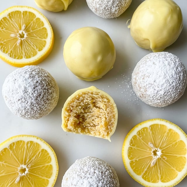 The image shows several round lemon-flavored treats arranged on a white marbled surface. Some of the treats are covered in a smooth light yellow glaze, while others are dusted with white powdered sugar. One treat is cut open, revealing a soft, creamy yellow inside with a crumbly texture. Around the treats, there are bright yellow lemon slices with visible segments and white rinds, adding a fresh and colorful contrast. Photo taken with an iphone --ar 4:5 --v 7
