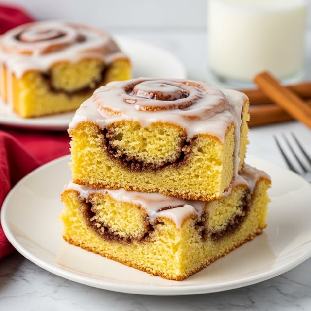 The image shows two thick, square slices of cinnamon roll cake placed on a white plate. The cake has a moist yellow base layer with visible swirls of cinnamon filling in the middle. The top layer is covered with a smooth, white icing that glistens, dripping slightly over the edges. The texture of the cake looks soft and crumbly, with some cinnamon filling peeking through the sides. In the blurred background, there is another slice on a white plate, some cinnamon sticks, and a glass of milk. The whole scene sits on a white marbled surface with a red cloth partially visible. Photo taken with an iphone --ar 4:5 --v 7