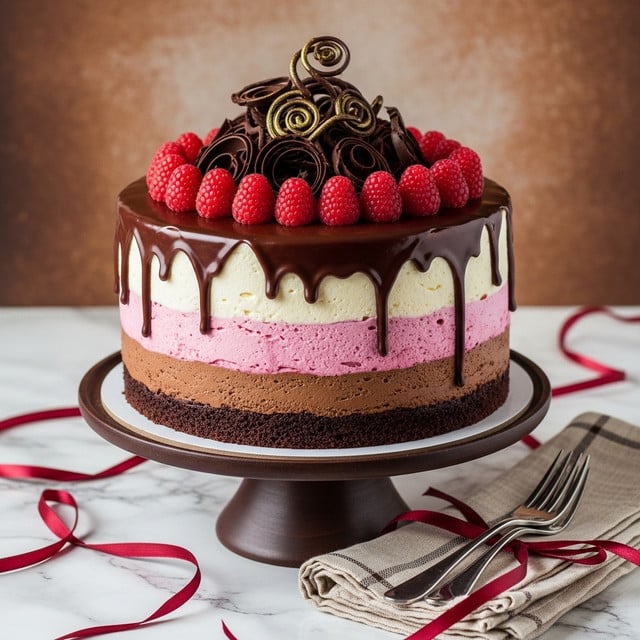 A tall round cake with four visible layers sits on a dark brown cake stand against a brown textured background replaced by a white marbled texture. The bottom layer is dark brown and looks like a moist chocolate cake. Above it is a thick, smooth dark chocolate mousse layer, followed by a pink mousse layer with a soft texture, and on top is a thick creamy white mousse layer. The cake is covered with glossy dark chocolate ganache that drips down the sides unevenly. The top is decorated with a ring of bright red raspberries and a pile of dark chocolate curls in the center, adorned with an elegant gold swirled decoration. Two forks rest on beige and brown cloth napkins under the stand, with dark red ribbons placed around. Photo taken with an iphone --ar 4:5 --v 7