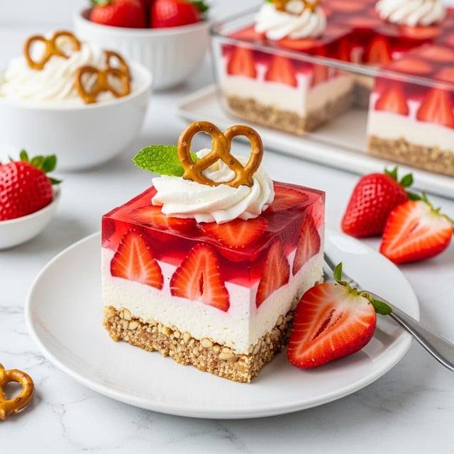 A clear glass rectangular dish holds a three-layer dessert placed on a white marbled texture. The bottom layer is a crumbly, light brown crust with visible nuts or crumbs. The middle layer is creamy and white, smooth in texture. The top layer is bright red gelatin with fresh sliced strawberries suspended inside, giving it a shiny, glossy look. A woman's hand is holding a silver spatula lifting a single square piece from the dish, showing all three layers clearly. In the background, there is a white bowl filled with pretzels. photo taken with an iphone --ar 4:5 --v 7