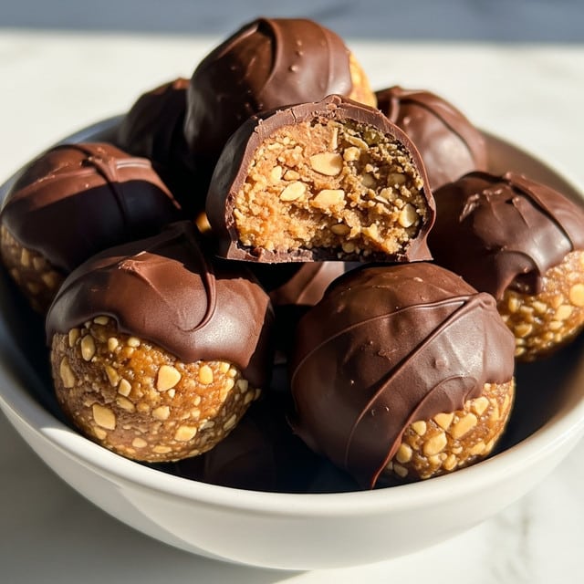A close-up view of many round, bite-sized balls coated in a shiny brown layer with small lighter chunks embedded inside. Each ball has a slightly rough texture with uneven surfaces, showing a mix of smooth and crumbly parts. They are all piled tightly together in a white bowl, with soft natural light coming from a nearby window. The background has a white marbled texture that adds brightness to the scene. photo taken with an iphone --ar 4:5 --v 7