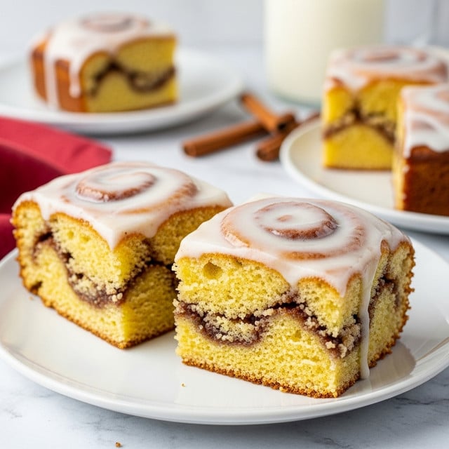 The image shows two pieces of cinnamon swirl cake on a white plate, each piece having about three layers with a golden-yellow cake base, a middle layer of cinnamon brown swirl, and a top layer covered with a smooth, white icing glaze that drips slightly down the sides. The texture of the cake looks soft and moist with visible cinnamon swirls inside. In the background, another piece of the same cake sits on a white plate, slightly blurred. Nearby, there is a clear glass container filled with cinnamon sticks, all set on a white marbled surface with a red cloth underneath. Photo taken with an iphone --ar 4:5 --v 7