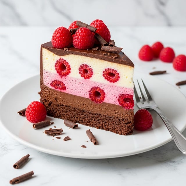 A slice of layered cake sits on a white plate with a white marbled texture background. The cake has four visible layers from bottom to top: a dense dark brown chocolate base, a smooth dark chocolate layer, a pale pink layer mixed with whole red raspberries, and a creamy white layer with some embedded raspberries. The top is decorated with fresh red raspberries and dark chocolate curls scattered around and on the plate. A silver fork lies next to the plate. photo taken with an iphone --ar 4:5 --v 7