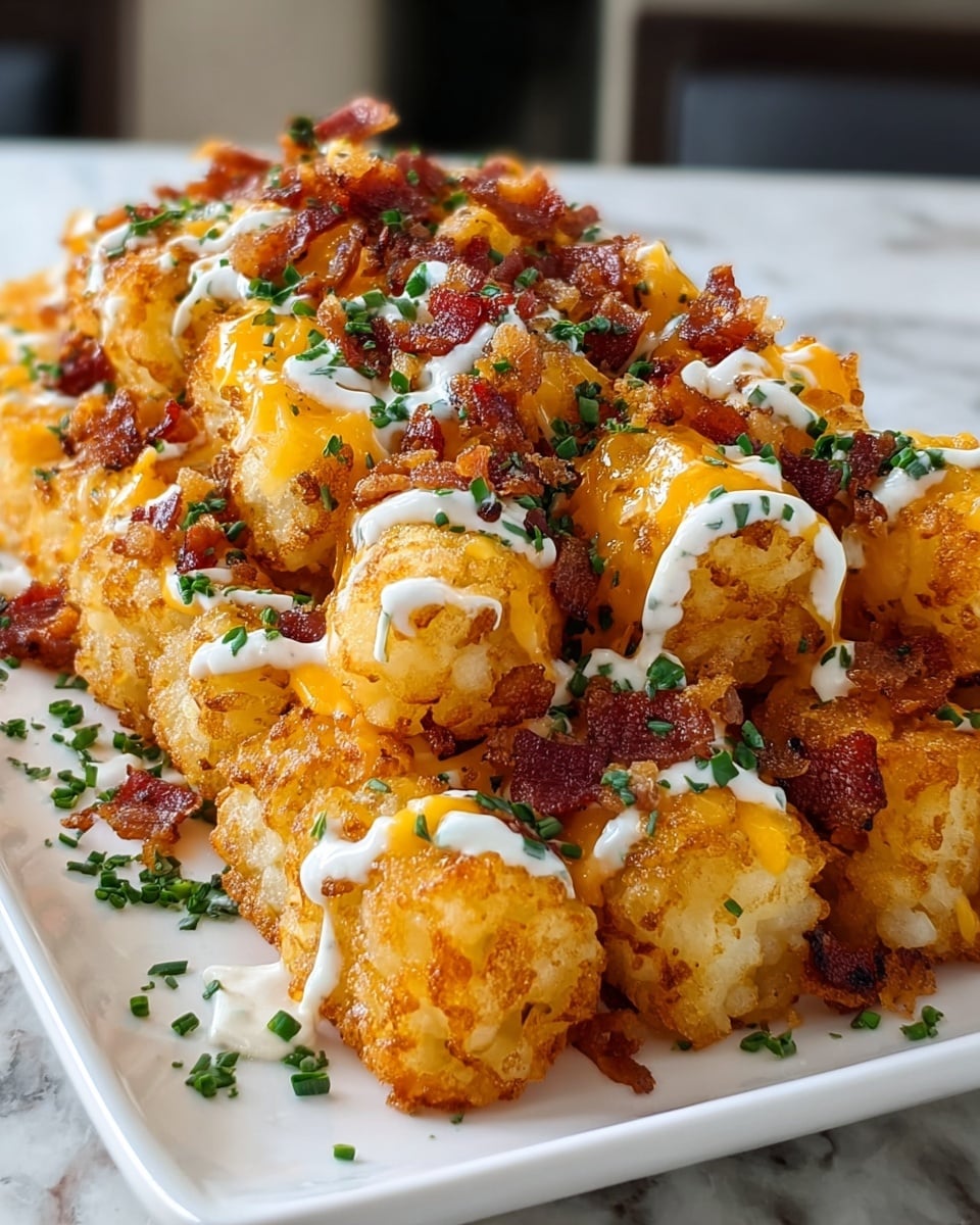 A white plate holds a pile of golden-brown tater tots arranged closely together in a rectangular shape. The tater tots are topped with melted bright orange cheddar cheese that spreads unevenly over the crispy, textured surface. Small pieces of browned, crispy bacon are scattered on top, adding a crunchy texture and deep reddish-brown color. White creamy sour cream is drizzled in thin lines over the dish, and finely chopped fresh green herbs are sprinkled everywhere, adding a touch of freshness. The photo is taken on a white marbled surface with a soft background blur. Photo taken with an iphone --ar 4:5 --v 7