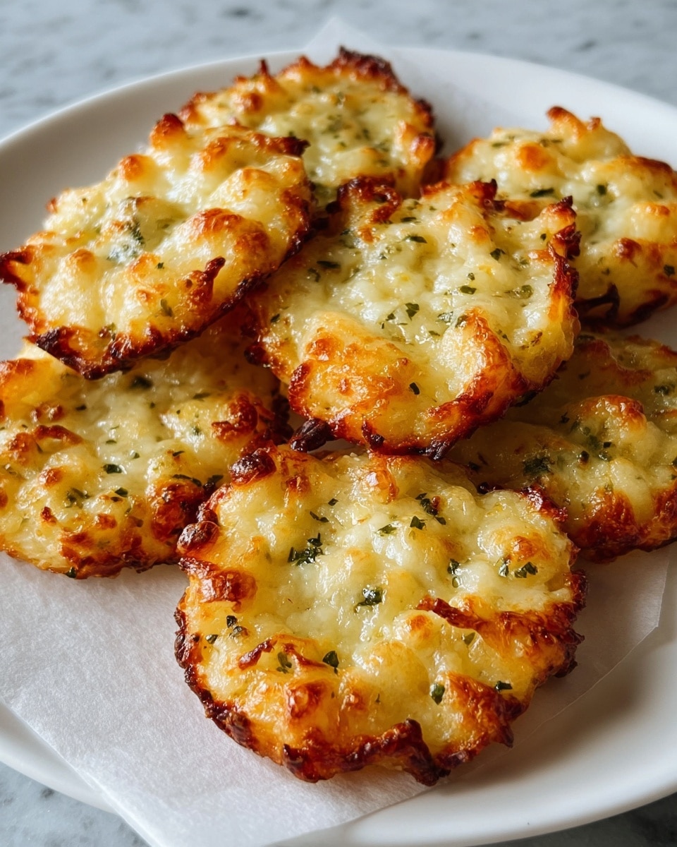The image shows a white plate holding seven small, round cheese bites with a golden-brown crust. Each piece has a rough, uneven surface with melty, gooey cheese that has browned in spots, giving a crispy texture on the edges. The cheese is dotted with small bits of green herbs, adding specks of green color. The bites are arranged close together on a piece of light parchment paper, all placed on a white marbled surface. photo taken with an iphone --ar 4:5 --v 7
