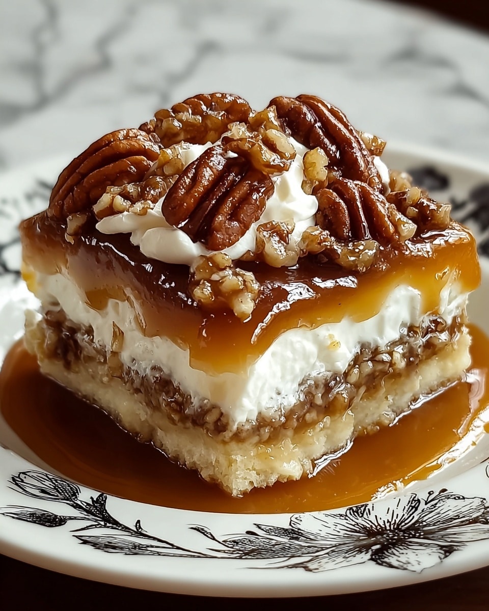 A thick slice of dessert is shown with three clear layers. The bottom layer is a light, creamy white cake with a soft texture. The middle layer is a smooth caramel-colored filling that looks thick and glossy, covering the cake evenly. The top layer is decorated with chopped brown nuts scattered all over and small white dollops of cream sitting on the caramel layer. The dessert is placed on a white plate with a dark green leaf pattern, set on a white marbled surface in the background. Photo taken with an iphone --ar 4:5 --v 7