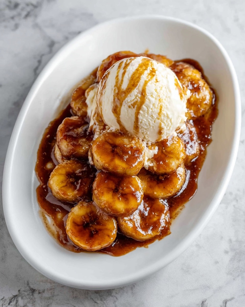 This dish is served on a white oval plate placed on a white marbled surface. It features two main layers: the bottom layer consists of caramelized banana slices coated in a glossy, rich brown cinnamon sauce, arranged in a small mound slightly off-center. The top layer is a single scoop of creamy white vanilla ice cream positioned at the back of the bananas, drizzled with the same brown sauce that lightly runs down its sides. The contrast between the warm golden-brown bananas and the cool white ice cream creates a visually appealing presentation. Photo taken with an iphone --ar 4:5 --v 7