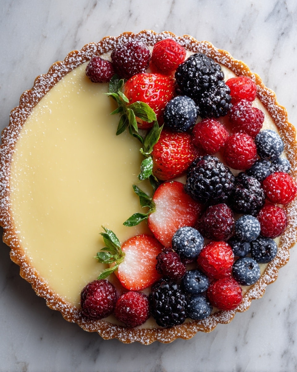 A round tart with a golden-brown crust dusted with powdered sugar on the edges, filled with a smooth, pale yellow cream layer. On top, a colorful mix of fresh berries is arranged in a crescent shape along one side. The berries include bright red strawberries with green leaves, deep red raspberries, dark purple-black blackberries, and small dark blue blueberries. The tart sits on a white marbled textured surface. photo taken with an iphone --ar 4:5 --v 7