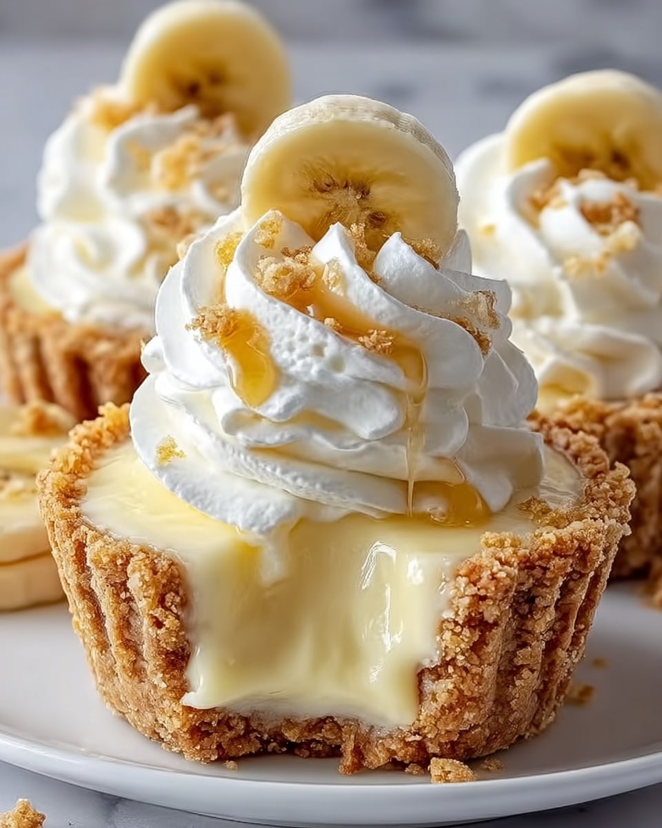 A close-up image of a small dessert that looks like a cupcake with three layers: a crumbly light brown crust forming the base and sides, a thick light yellow creamy filling in the middle that looks soft and smooth, and a top layer with white whipped cream swirls decorated with a thin round banana slice and drizzled with light golden honey. The dessert sits on a white plate against a white marbled surface, with other similar desserts blurred in the background. Photo taken with an iphone --ar 4:5 --v 7