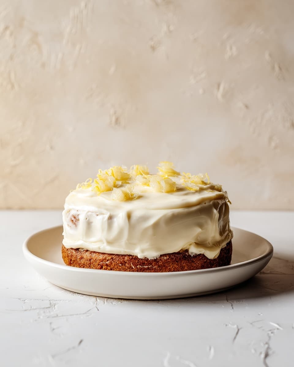 A small round cake with one visible layer sits on a white plate with a subtle texture. The cake is covered thickly with smooth, creamy white frosting that drips slightly over the edges. On top, there are small pieces of light yellow fruit scattered, adding texture and contrast. The background has a soft beige color with a hint of a rough wall, and the plate rests on a white marbled surface. photo taken with an iphone --ar 4:5 --v 7