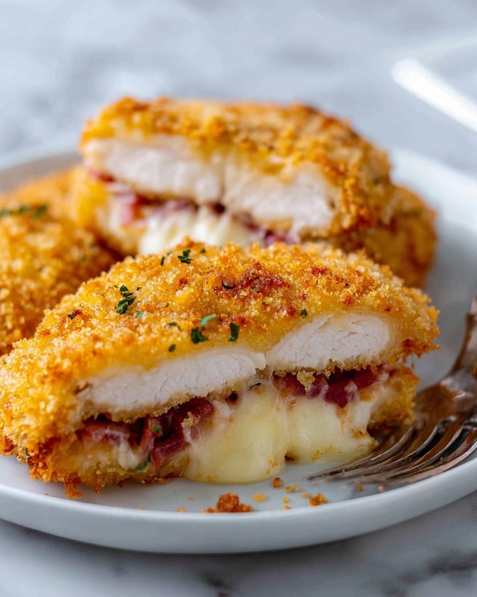 A close-up view of a fried dish cut in half revealing three layers: the outer golden-brown crispy breadcrumb coating with small green herb bits, a middle white layer of cooked chicken or meat, and an inner melted creamy cheese layer mixed with bits of red cured meat or ham. The dish is placed on a white plate with some bread crumbs scattered nearby, and a silver fork is visible on the right edge. The background is a white marbled texture, giving a clean and bright look. photo taken with an iphone --ar 4:5 --v 7