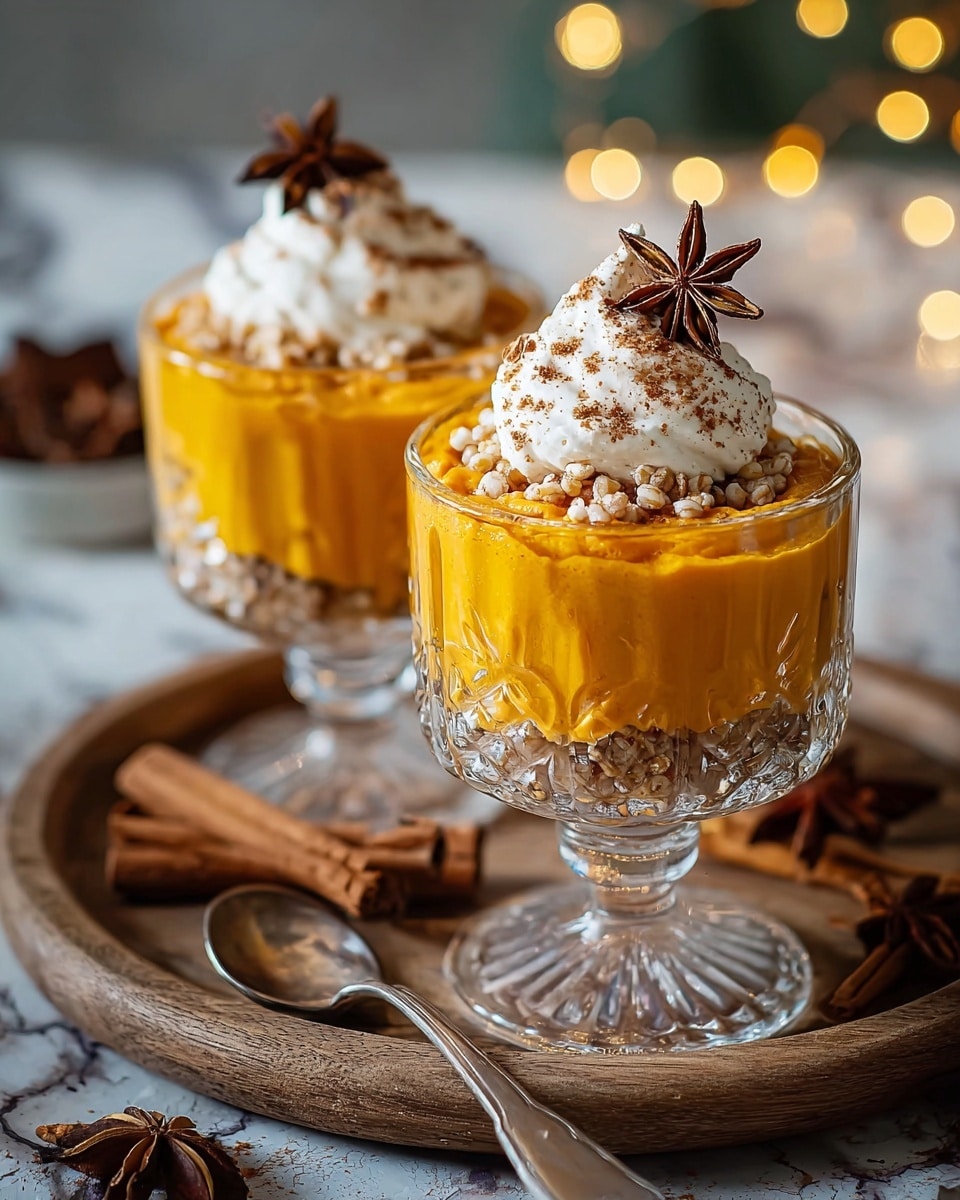 The image shows two glass dessert cups filled with a thick, bright orange pumpkin mousse as the base layer, topped with a small layer of puffed grains. Above that, there is a generous dollop of white whipped cream sprinkled with brown cinnamon powder, crowned with a star anise on top. The glasses have a detailed, embossed pattern and stand on short stems. The setup is on a round wooden tray with cinnamon sticks and star anise scattered around, with a silver spoon resting on the tray. The background has a soft bokeh effect with warm lights and a white marbled texture. photo taken with an iphone --ar 4:5 --v 7