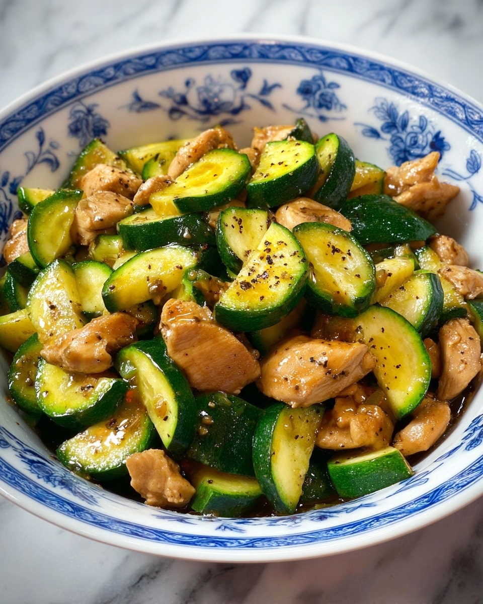 The dish is a close-up view of a stir-fry served in a white bowl with a blue floral pattern along the rim. The stir-fry has two main layers: the bottom layer consists of small pieces of cooked chicken with a glossy, light brown color and a slightly shiny texture, while the top layer features thick slices of bright green zucchini, some with a slight golden sear. Both ingredients are mixed evenly, with a light sprinkling of black pepper visible on top. The bowl is set on a white marbled surface, enhancing the colors of the dish. photo taken with an iphone --ar 4:5 --v 7