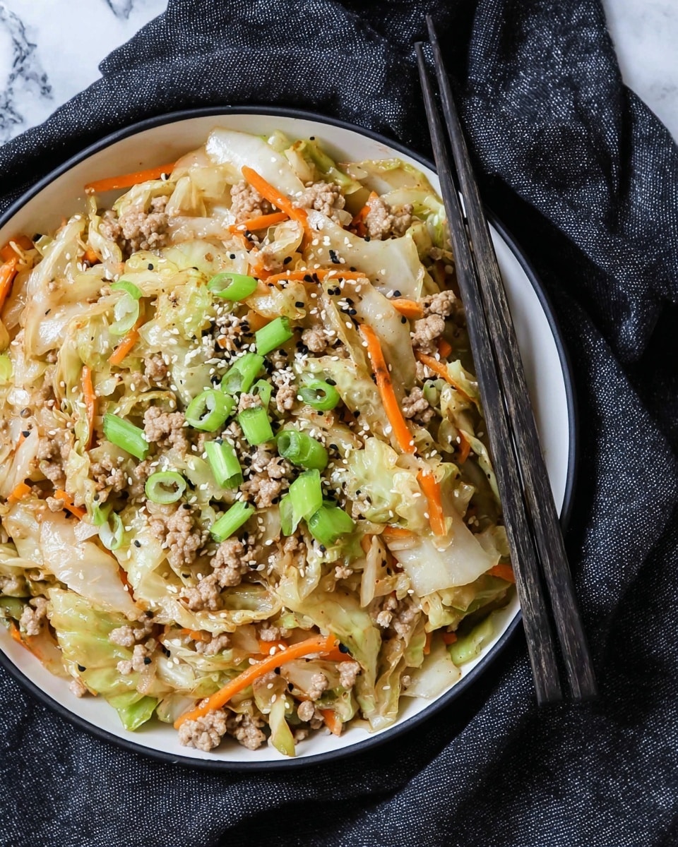 The image shows a close-up of a dish in a white plate filled with cooked ground meat mixed with sliced cabbage and thin carrot strips, all lightly cooked and scattered with chopped green onions and small sesame seeds on top. The textures vary from tender meat pieces to soft, translucent cabbage and crunchy-looking carrot strips, creating a colorful mix of light brown, white, orange, and green. The food looks warm and fresh, placed against a white marbled surface with a pair of black chopsticks resting on the edge of the plate. photo taken with an iphone --ar 4:5 --v 7