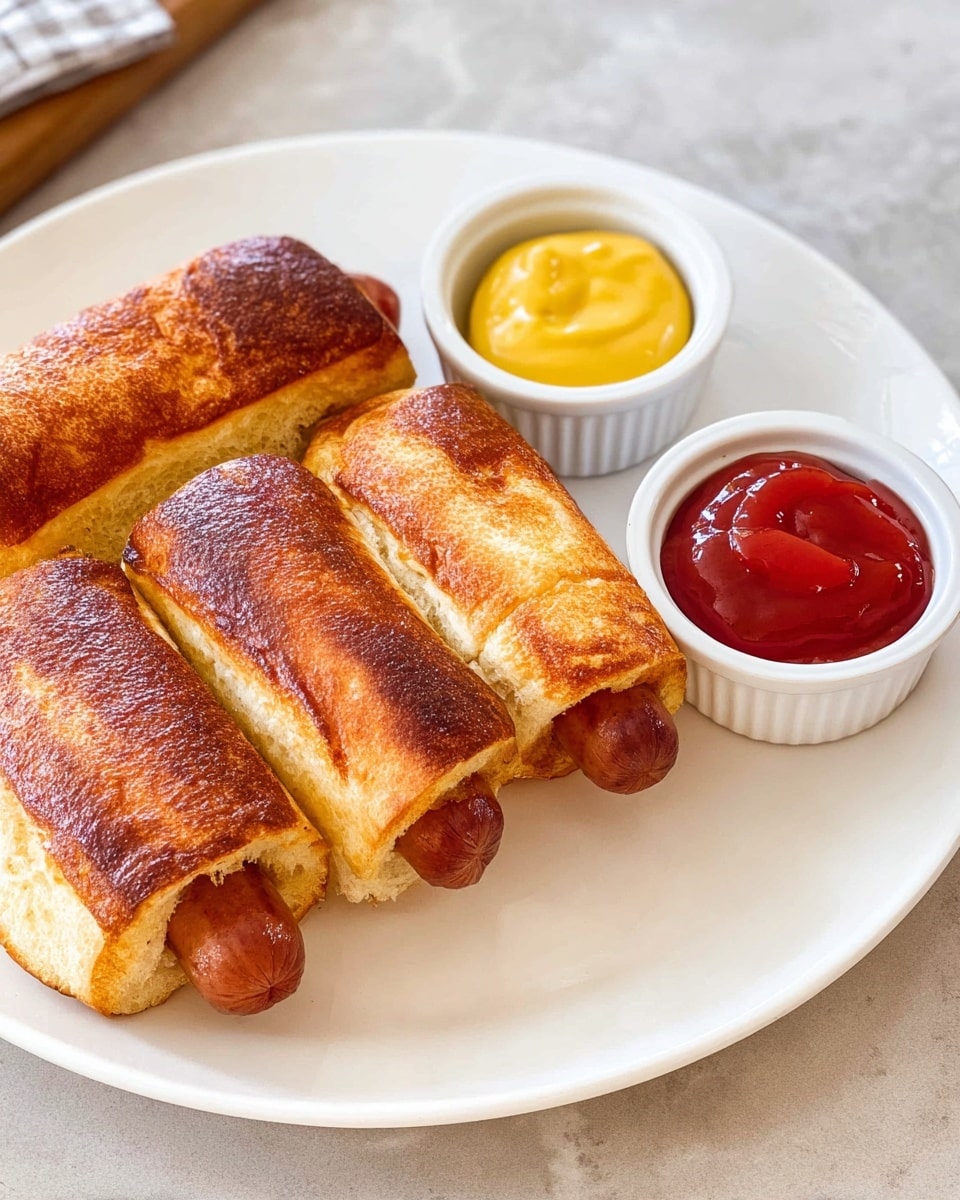 Two grilled hot dogs are served on a white plate. Each sandwich has a toasted bread exterior with a dark golden-brown, slightly crispy texture. Inside, you can see a browned sausage with a shiny, slightly oily surface peeking out from both ends of the bread. One sandwich shows a small slice of melted orange cheese visible under the bread. The plate is set on a white marbled surface with small dishes of yellow mustard and red ketchup partially visible near the edge. photo taken with an iphone --ar 4:5 --v 7
