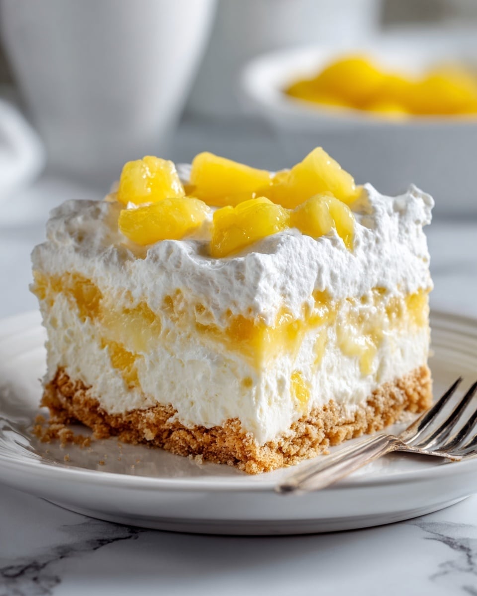 The image shows a white square dish with a creamy dessert that has three visible layers. The bottom layer is a crumbly light brown crust made of crushed biscuits. The middle layer is thick and white with a smooth, fluffy texture mixed with small chunks of pineapple. The top layer is white whipped cream sprinkled with shreds of white coconut and pieces of bright yellow pineapple, arranged evenly. Some crumbs and small pieces are scattered around the inside edges of the dish. The dish sits on a white marbled surface with a soft chevron pattern in the background. photo taken with an iphone --ar 4:5 --v 7
