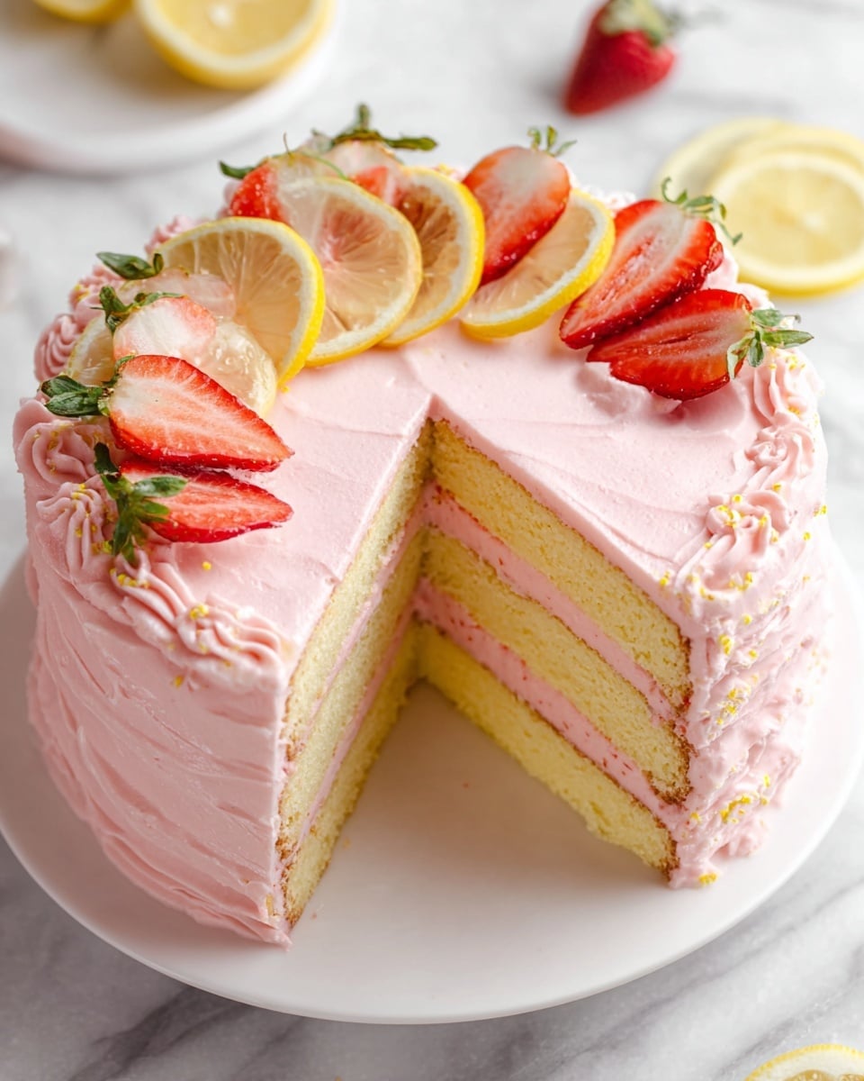 A round, three-layer cake is covered smoothly with light pink frosting showing soft swirls all around. On top, alternating slices of bright yellow lemon and halved red strawberries with green leaves are placed around the edge, forming a colorful ring. The cake sits on a round white marble board, with extra lemon wedges and strawberry halves scattered near the base. In the background, a white plate holds a pile of whole strawberries, adding a fresh, natural touch. The scene is set on a white marbled surface with soft natural lighting. photo taken with an iphone --ar 4:5 --v 7