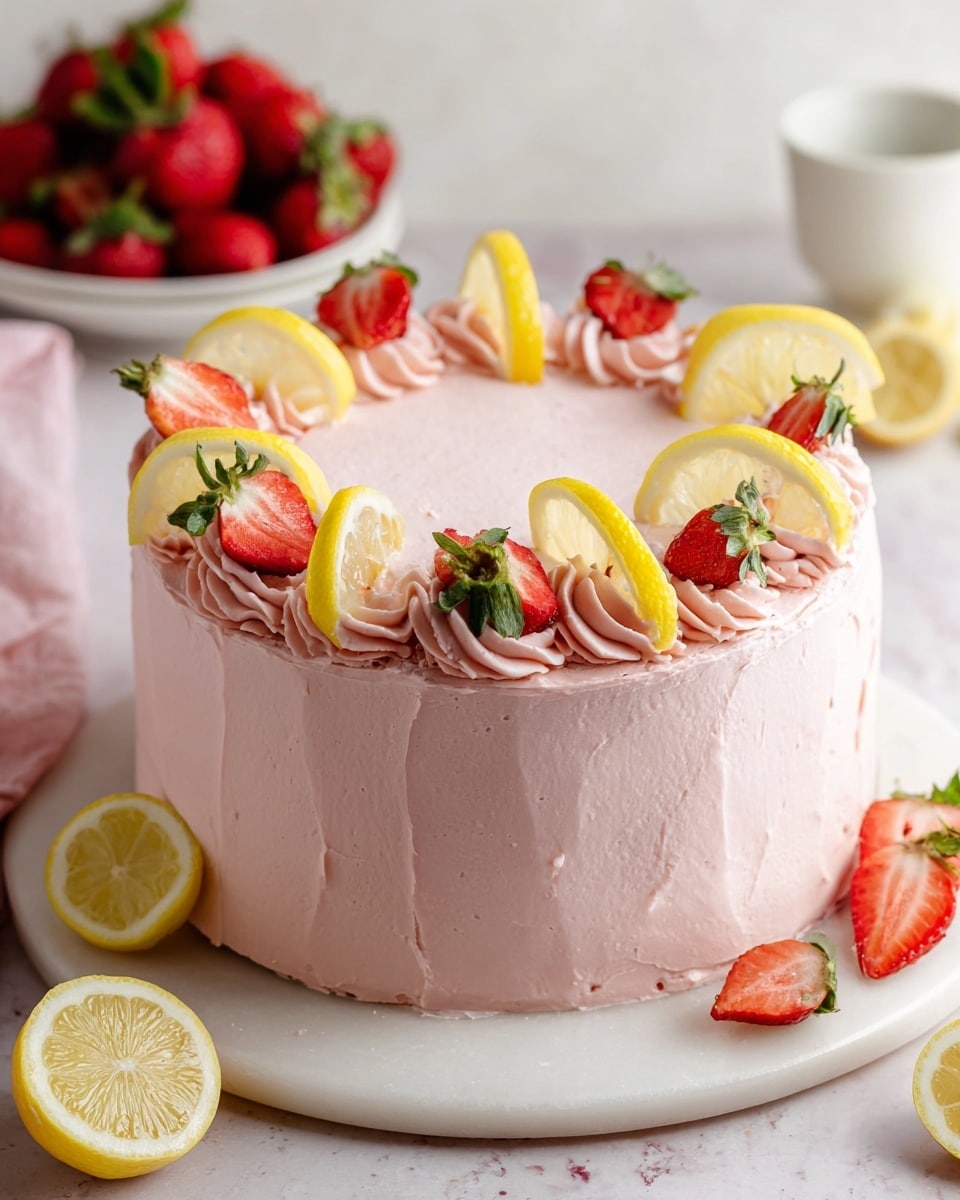 The image shows a round layer cake with four visible layers of pale yellow sponge separated by thin layers of light pink frosting. The outside of the cake is smoothly covered in the same pink frosting with soft textured swirls. The top edge of the cake is decorated with alternating fresh strawberry halves and thin lemon slices. A triangular slice has been cut and slightly pulled out to show the inside layers. The cake sits on a white plate on a white marbled surface, with a few scattered lemon slices in the background. photo taken with an iphone --ar 4:5 --v 7