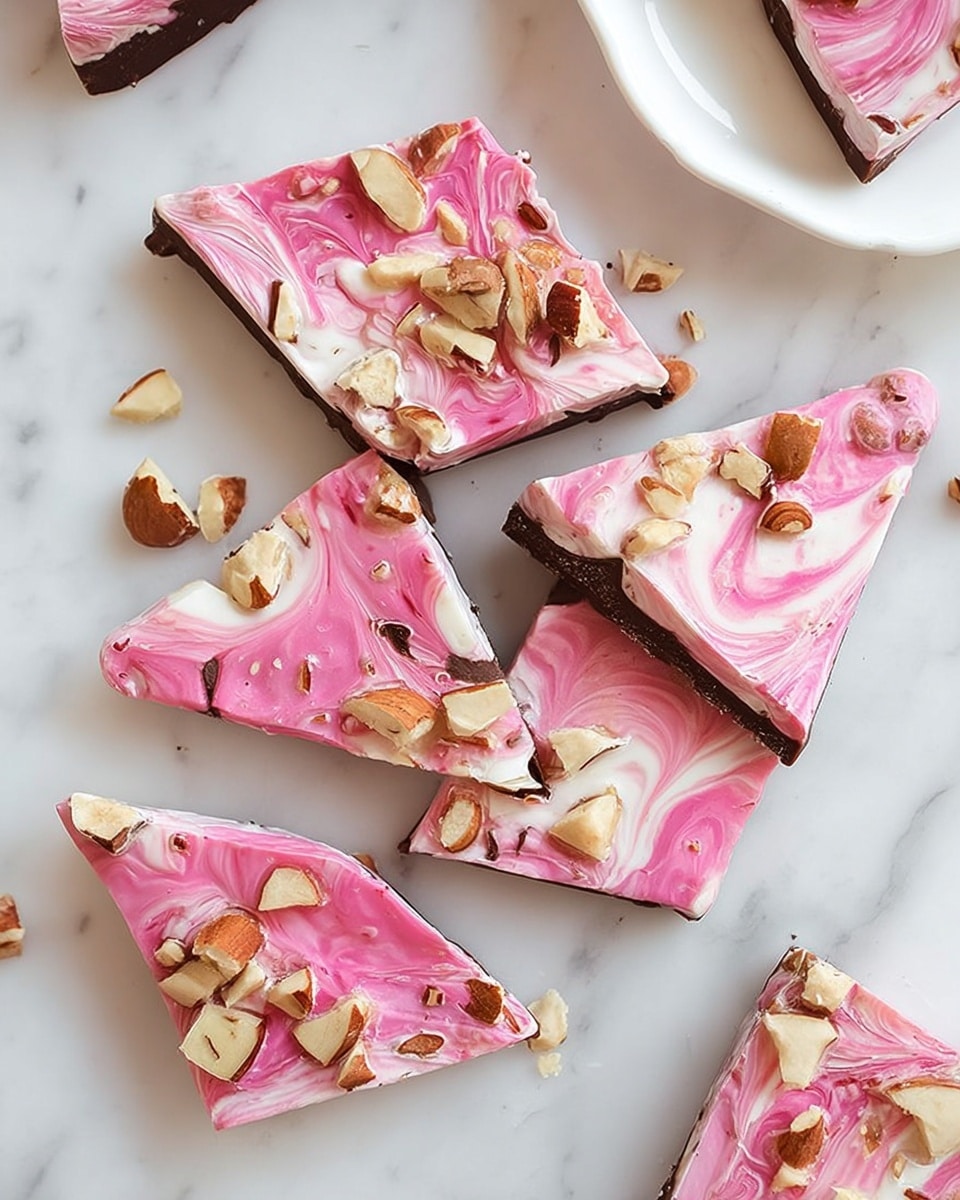 The image shows six pieces of bark-style candy on white parchment paper over a white marbled surface. Each piece has three clear layers: a dark chocolate base, a thick white middle layer with pink swirls creating a marbled look, and a topping of chopped nuts scattered unevenly across. The pink swirls blend with the white smoothly, adding a vibrant and artistic touch to the candy. A small clear bowl filled with coarse salt is visible on the side near a white cloth. The photo is taken with an iphone --ar 4:5 --v 7