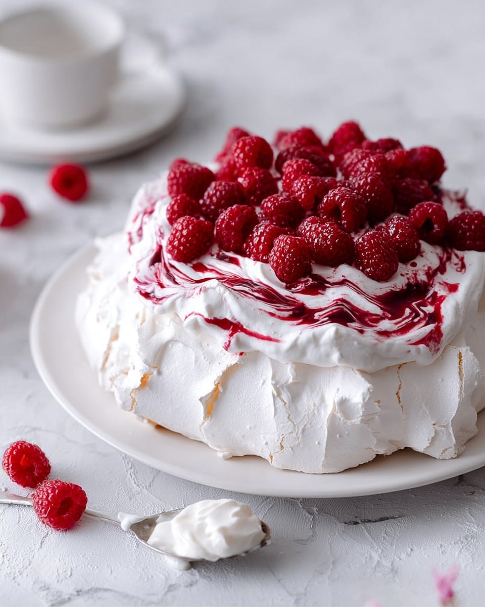 A white pavlova cake sits on a white plate on a white marbled surface, with a base layer of crisp, fluffy meringue that has soft peaks and swirls around the edges. On top, there is a smooth layer of white whipped cream spread evenly, with bright red raspberry sauce drizzled over it creating a marbled effect. Fresh, whole red raspberries are scattered generously on the top, adding a vibrant color contrast to the white cream and meringue. Some raspberries and small dollops of cream are placed loosely around the plate on the surface, enhancing the fresh and inviting look. Photo taken with an iphone --ar 4:5 --v 7